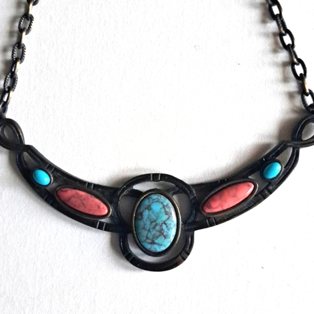 Vintage Caroline signed Turquoise and Coral  Necklace